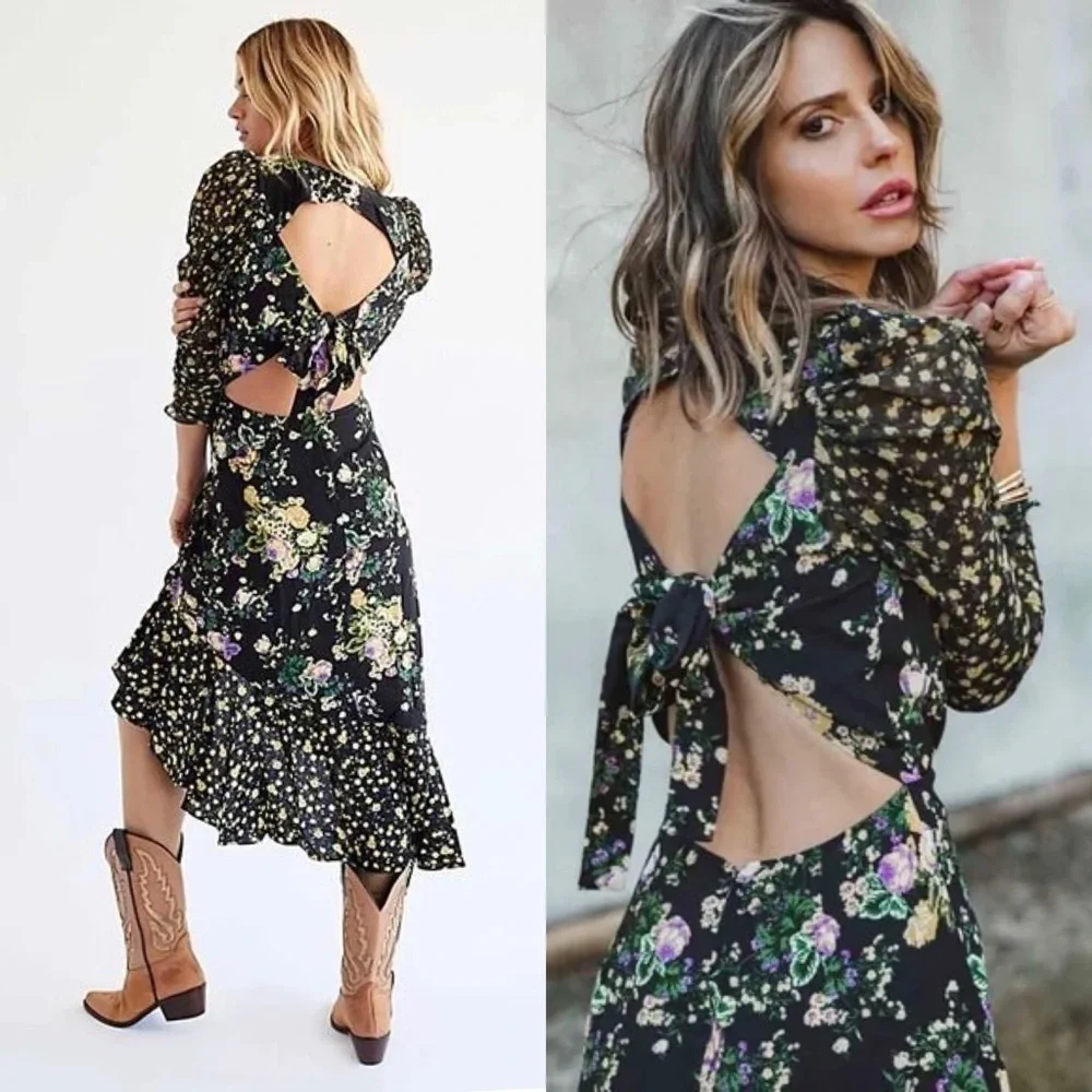 FOR LOVE & LEMONS Floral Long Sleeve Cutout Tie Back Ruched Ruffle Midi Dress XS